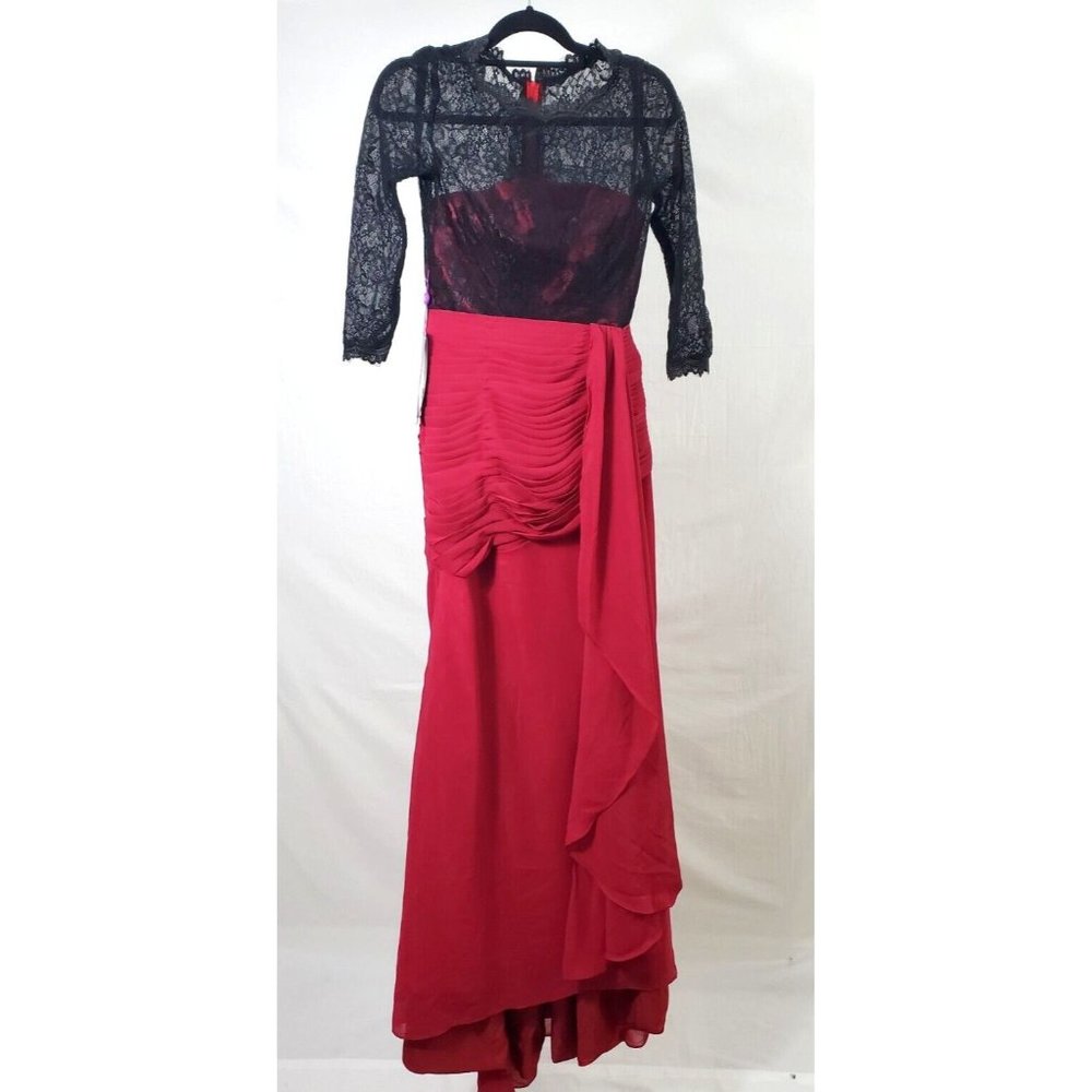 Size 4 Grace Karin Black Lace 3/4 Sleeve Red Chiffon Floor Length Evening Gown